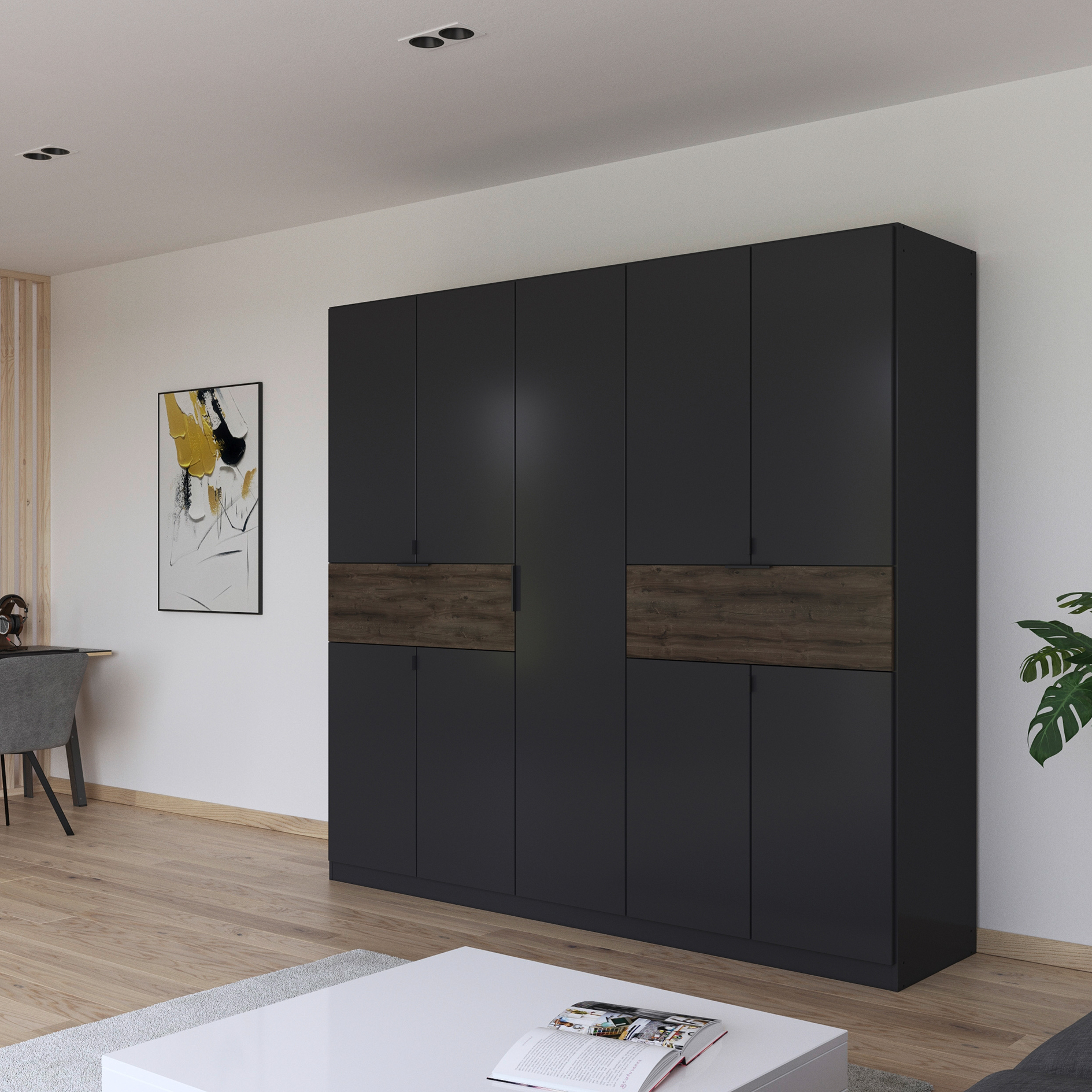 Drehtürenschrank - grau metallic - Oak dunkel - 226 cm - 9-türig