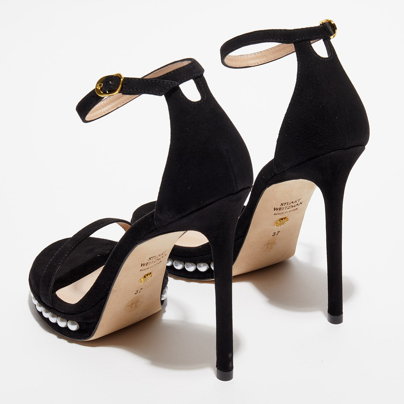 Stuart Weitzman Sandales en Velours de Cuir Nudistdisco Pearl noires - Talon 12 cm