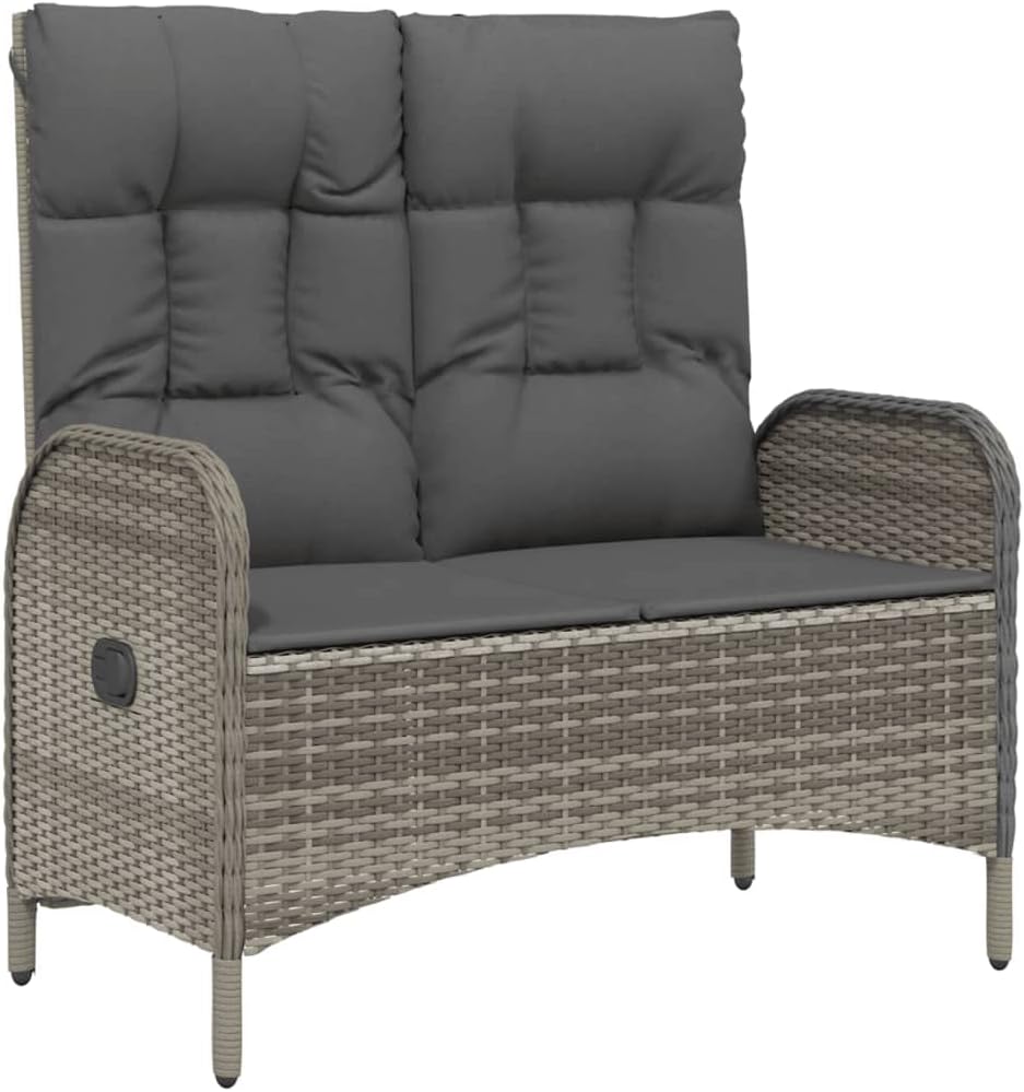 vidaXL Gartenbank, Sitzbank mit Liegefunktion Kissen, Parkbank Verstellbare Rückenlehne Stahlrahmen, Gartenmöbel Bank, 107cm Poly Rattan Grau