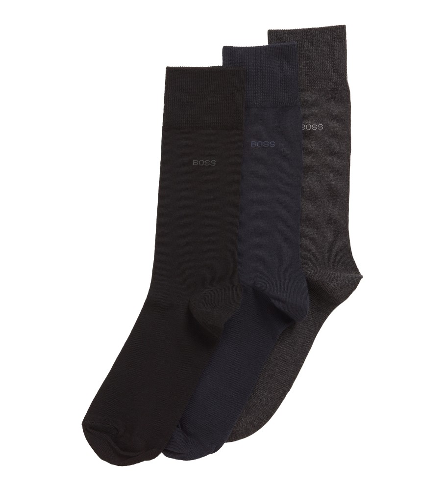 Pacote com 3 pares de meias BOSS nas cores preto, azul-marinho e cinza.