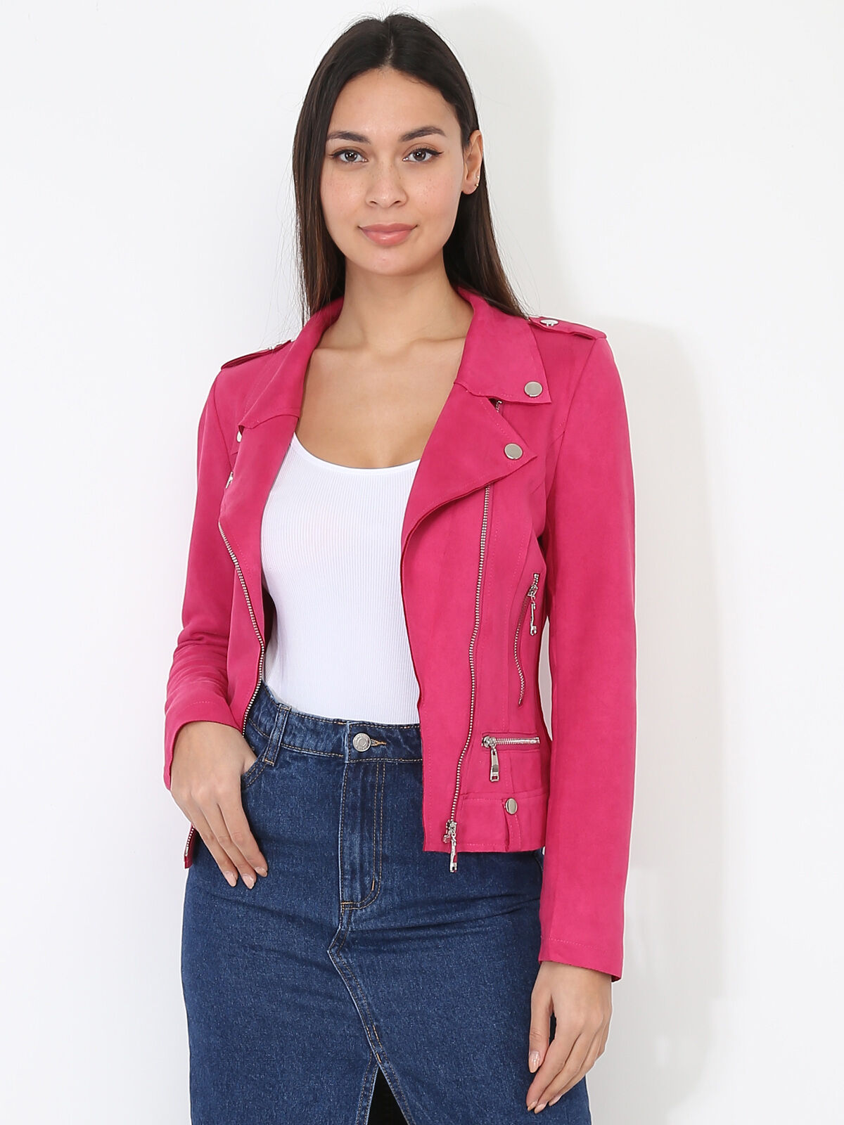 Veste biker ajustée en suédine- Fuchsia