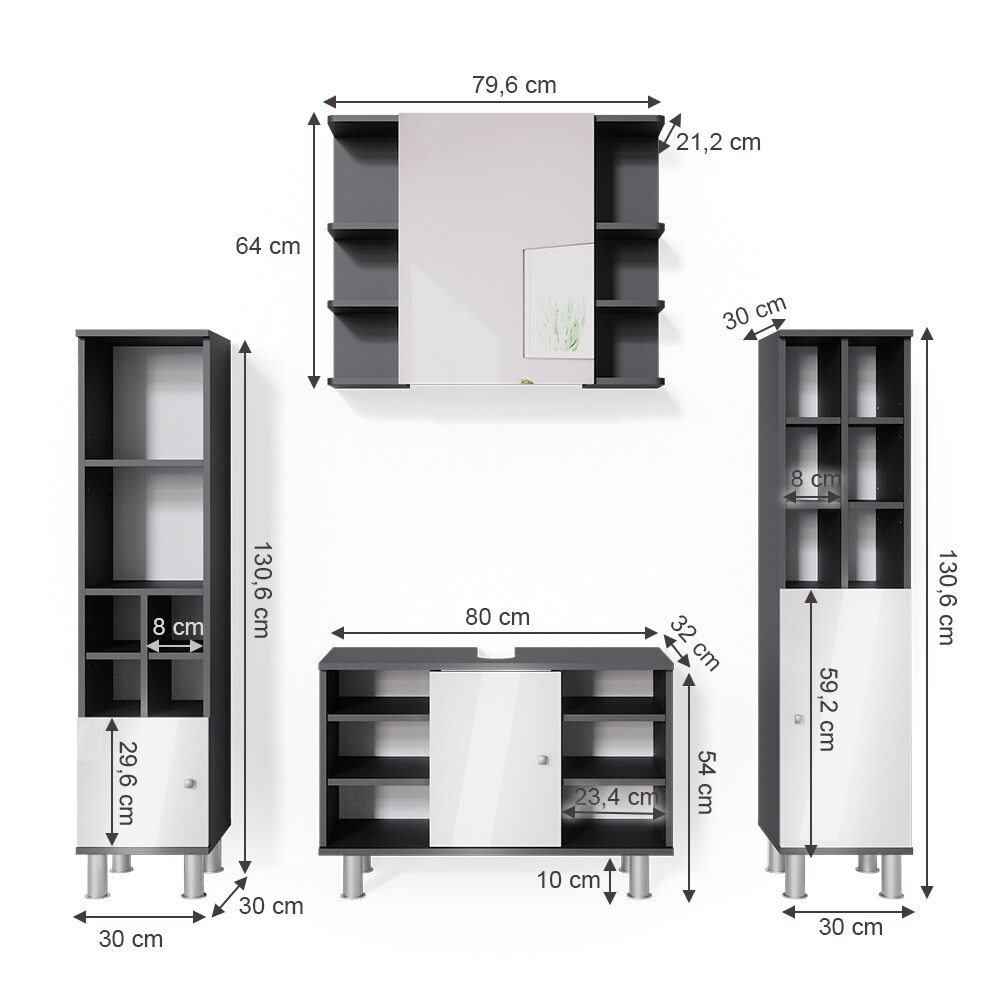 Vicco Badmöbel Set 4tlg Fynn Spiegelschrank Waschbeckenunterschrank Hochschrank