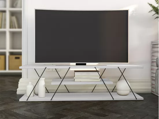 Meuble TV avec 1 étagère - Blanc et noir - DELORY