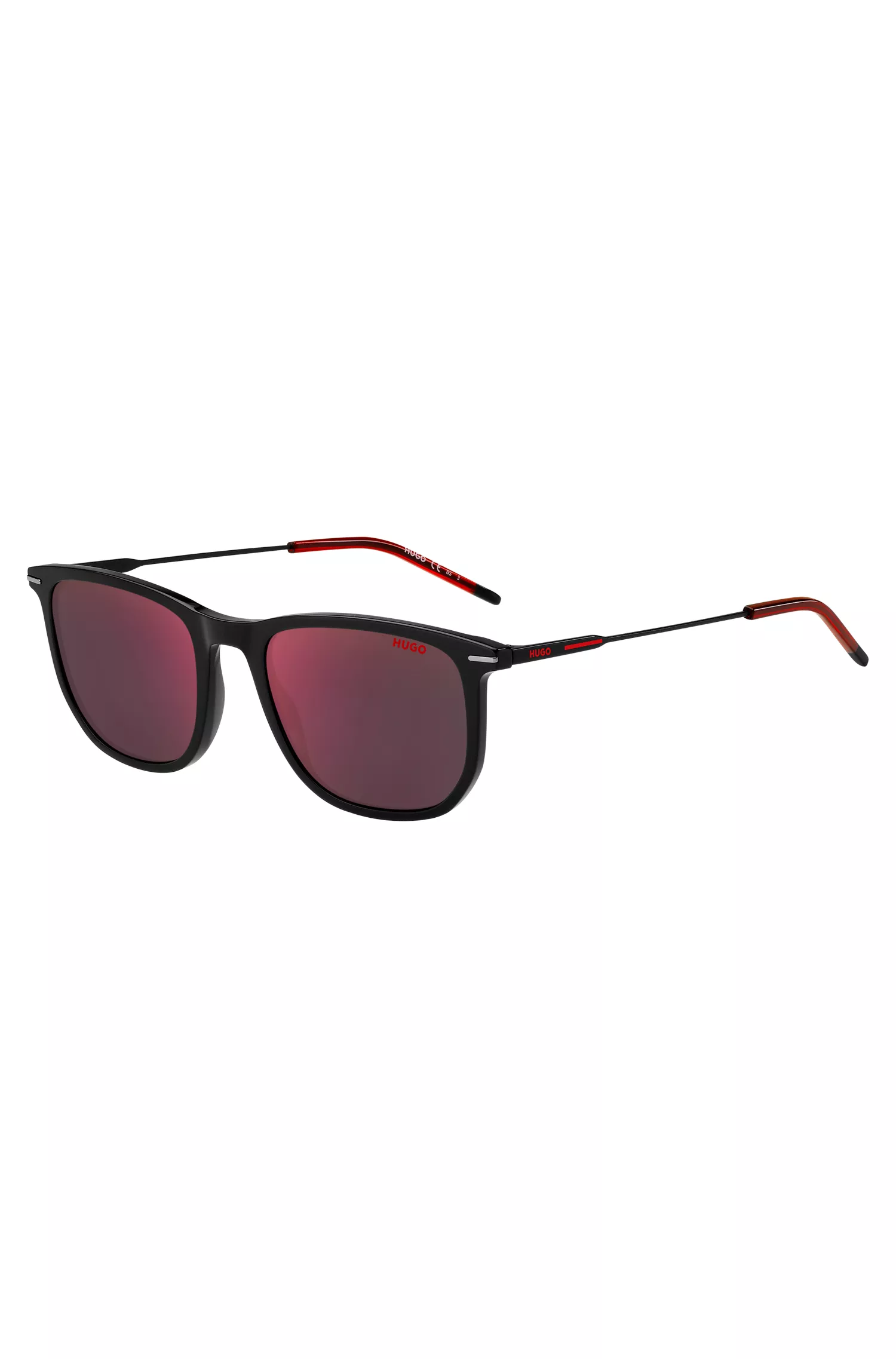 Óculos de sol HUGO em acetato vermelho e preto com detalhes em vermelho.