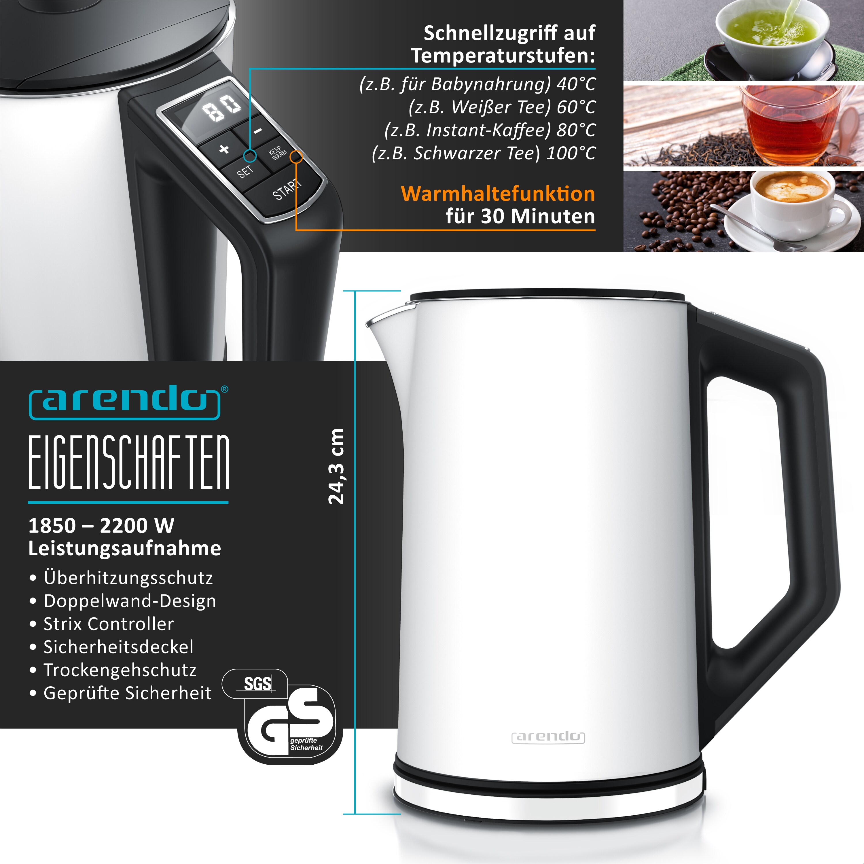 Arendo Frühstücks-Set, Wasserkocher 1,5L mit Temperatureinstellung, 4-Scheiben Toaster Langschlitz, Weiß
