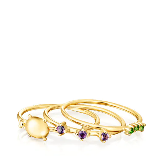 Conjunto de três anéis com banho de ouro 18k sobre prata e pedras preciosas - Jardim Virtual