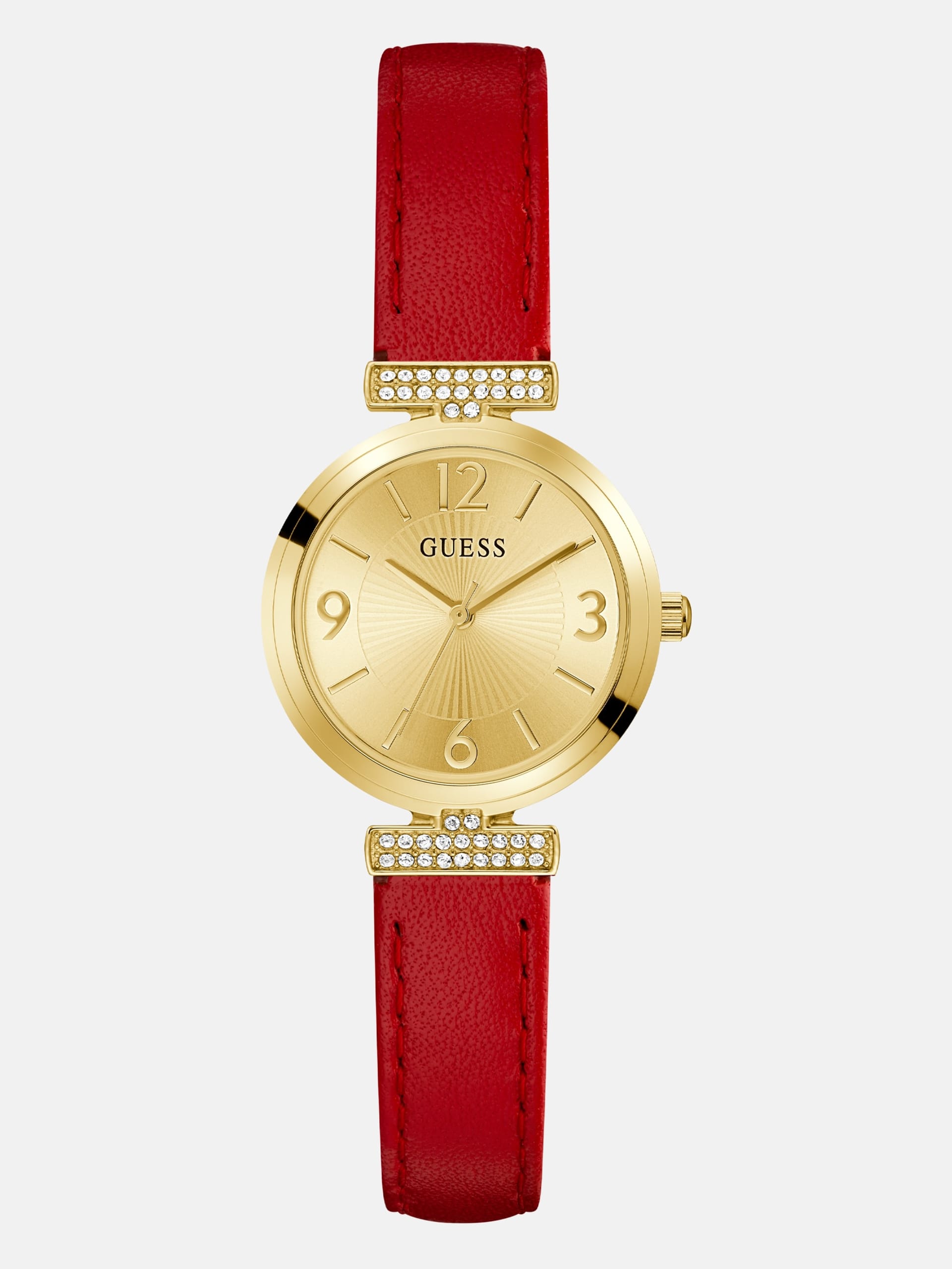 Relógio analógico dourado com pulseira de couro