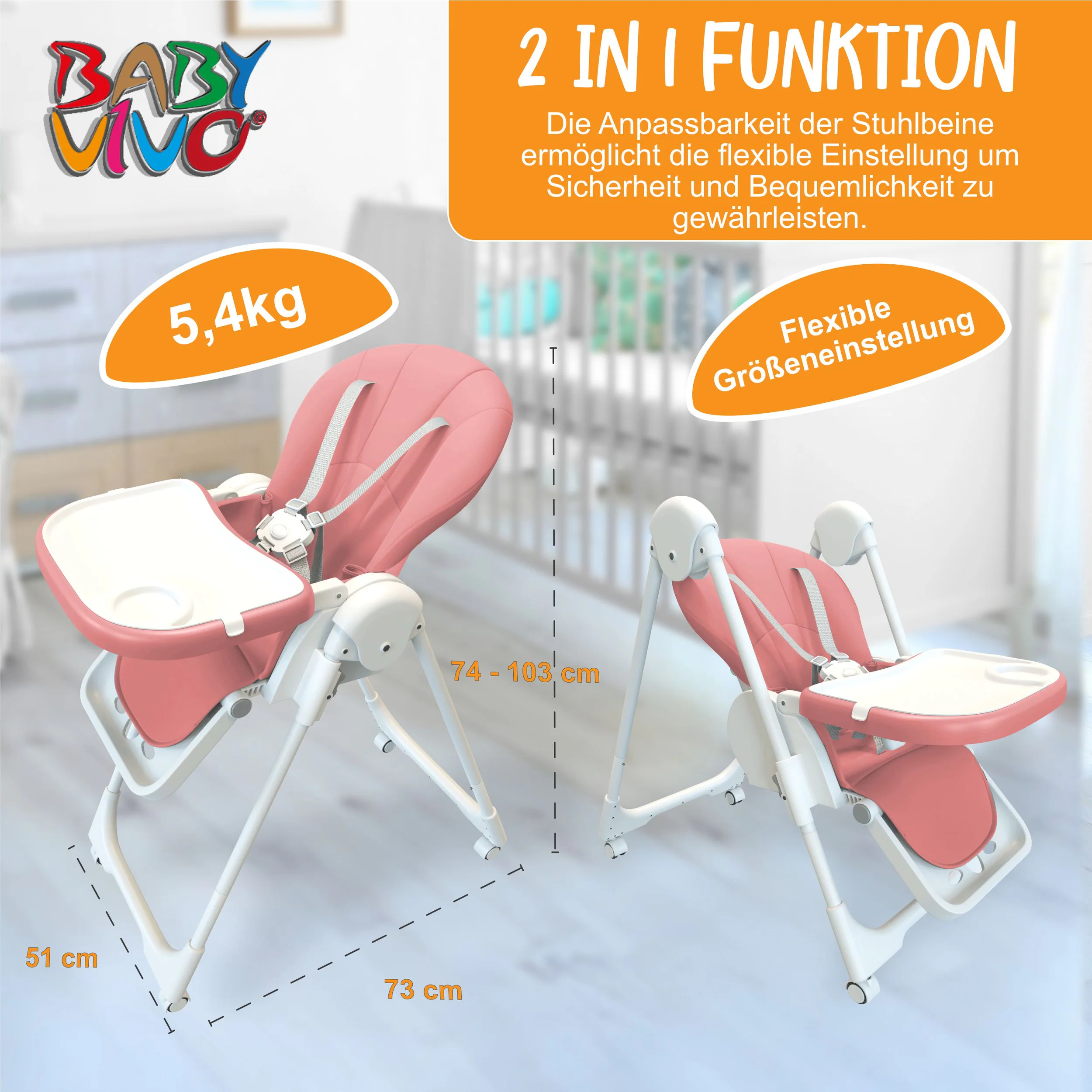 Baby Vivo Design Kinderhochstuhl aus Kunststoff - Tippy in Bubblegum