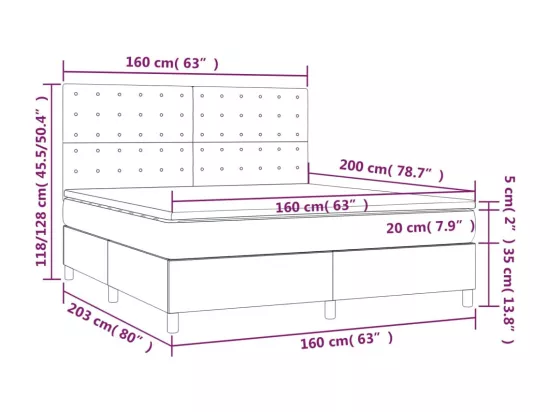 Sommier tapissier et matelas et LED Gris foncé 160x200 cm Tissu