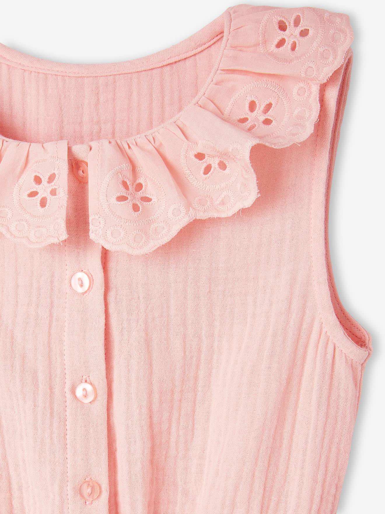Macacão rosa claro de chiffon de algodão com gola bordada em estilo inglês para meninas