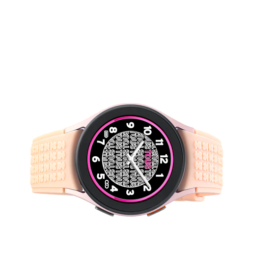 Relógio inteligente Samsung Galaxy Watch 5 X TOUS em alumínio rosa com pulseira de silicone rosa.