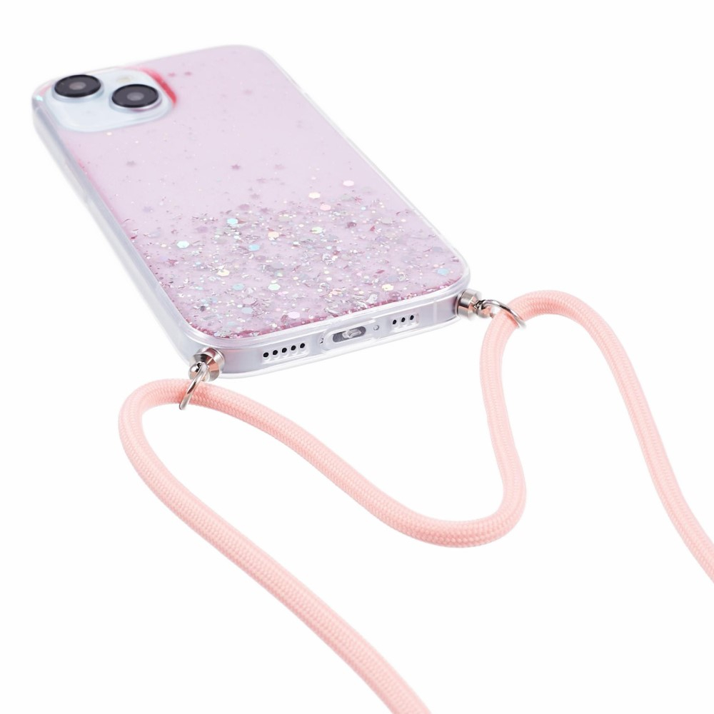 iPhone 15 Necklace Gummi Hülle im Glitzer Design   Handykette (140cm) - Rosa / Transparent