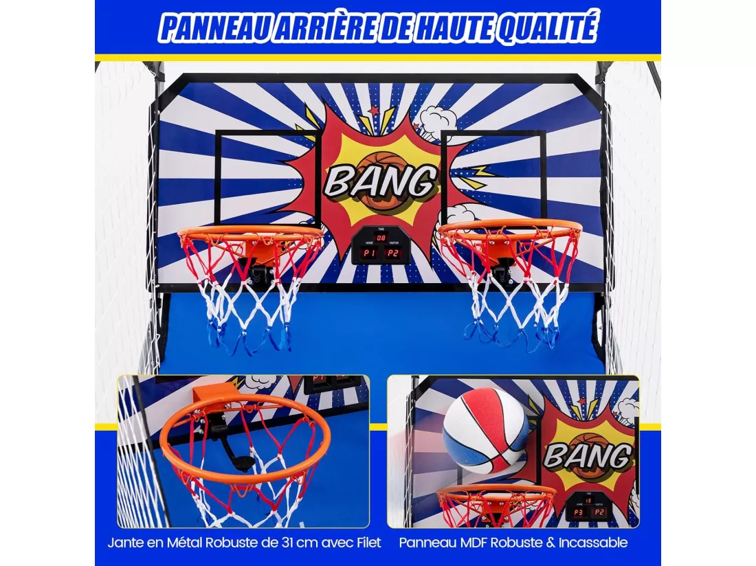 Panier de Basketball Pliable à Double Tir 4 Balles Pompe de Gonflage, Jeu de Basketball Arcade pour 1 à 4 Joueurs avec Système de Pointage, 8 Modes de Jeux pour Enfants Adultes (Bleu+Blanc)