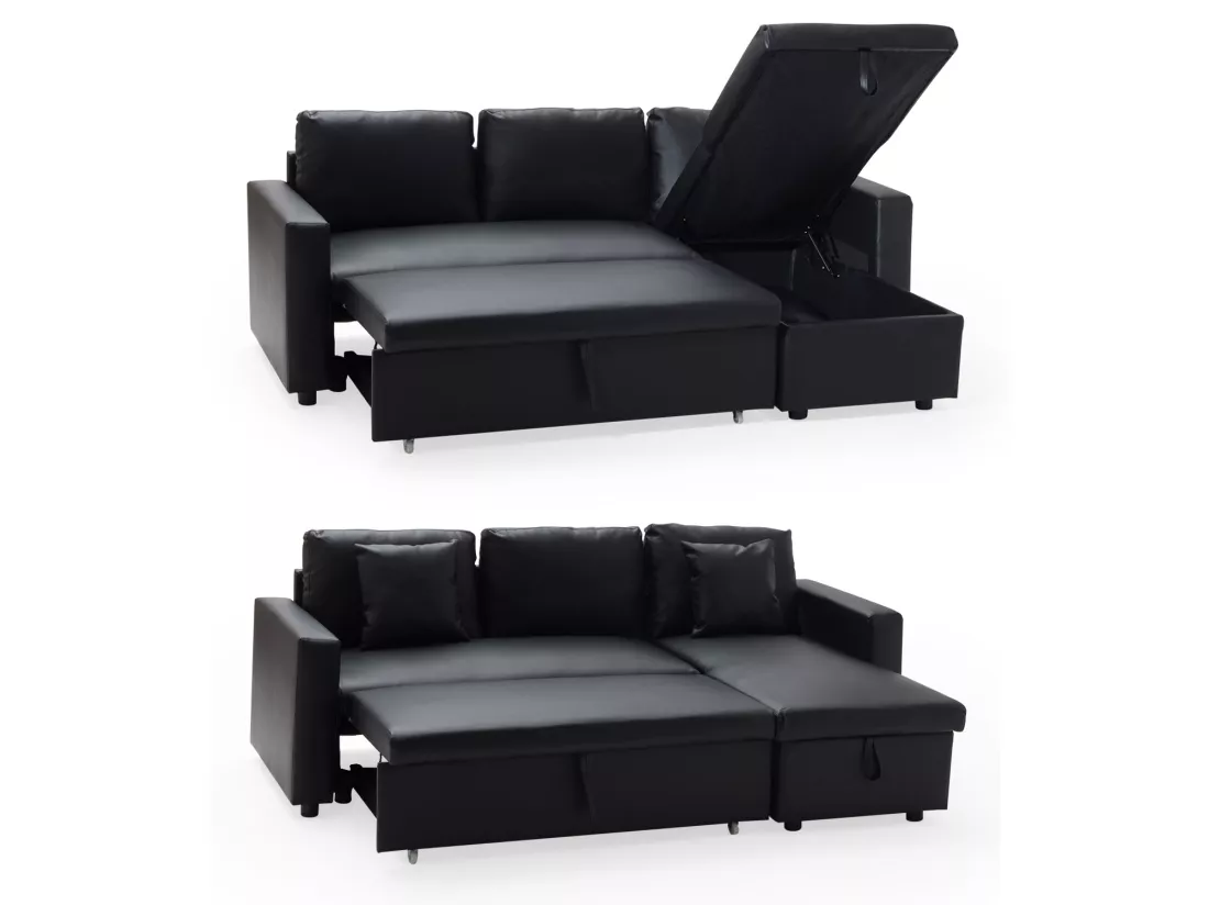 Canapé d'angle convertible simili CLARK 3 places noir - HAPPY GARDEN