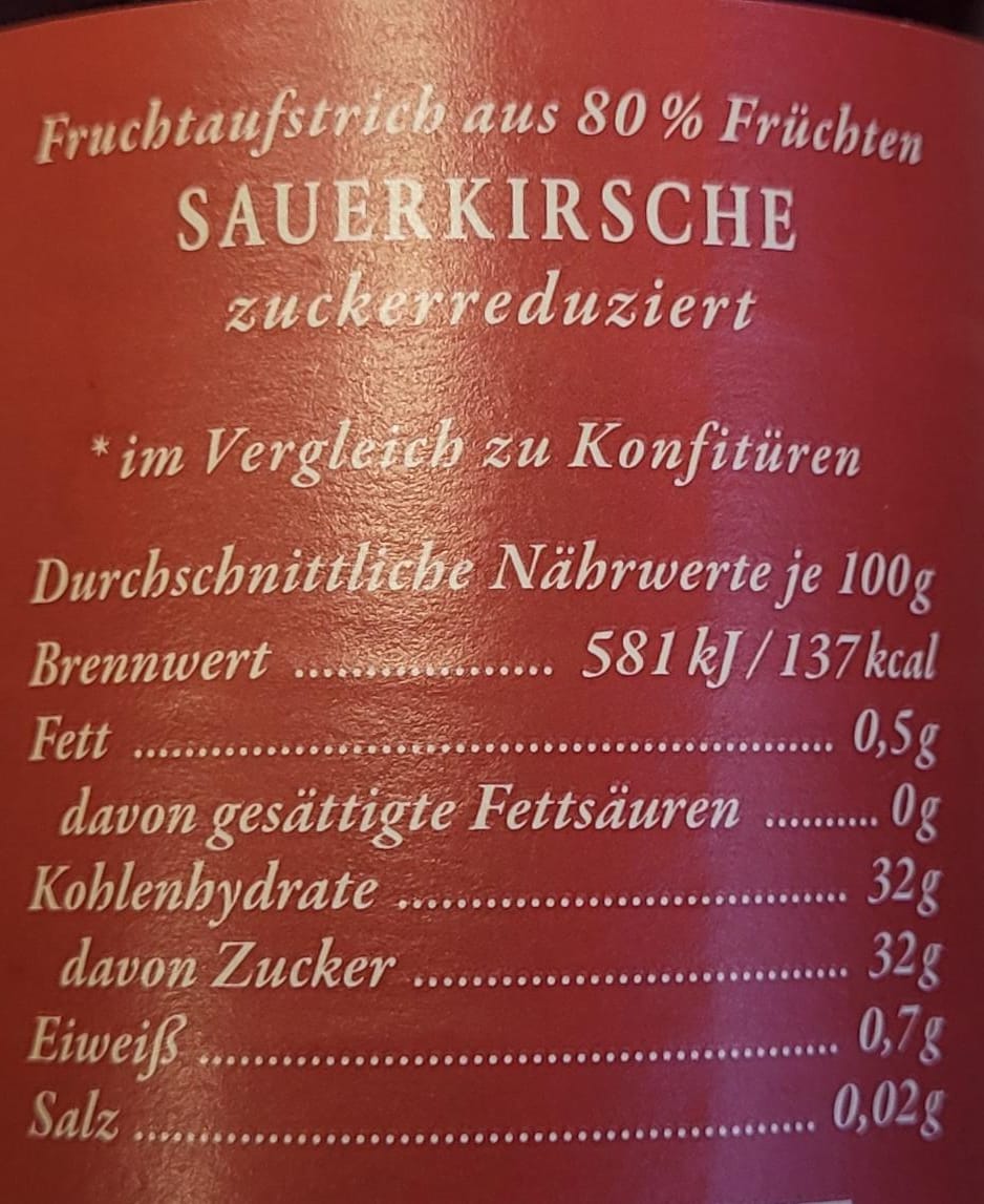 Darbo Fruchtaufstrich Sauerkirsche 1\/3 weniger zucker 250g MHD:9.9.26