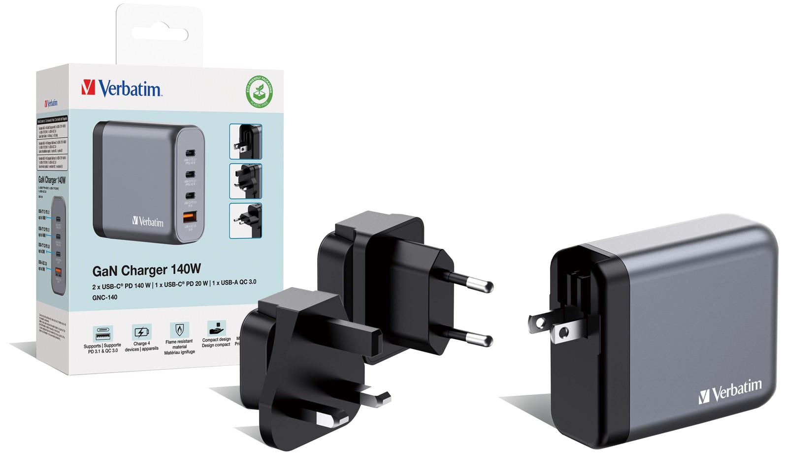 Verbatim - GNC-140 GaN oplader 4 port 140W USB-A/USB-C