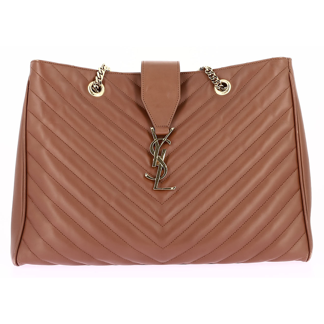 Saint Laurent Sac cabas Shopping en Cuir lisse chevron marron - Très bon état - L.36 cm