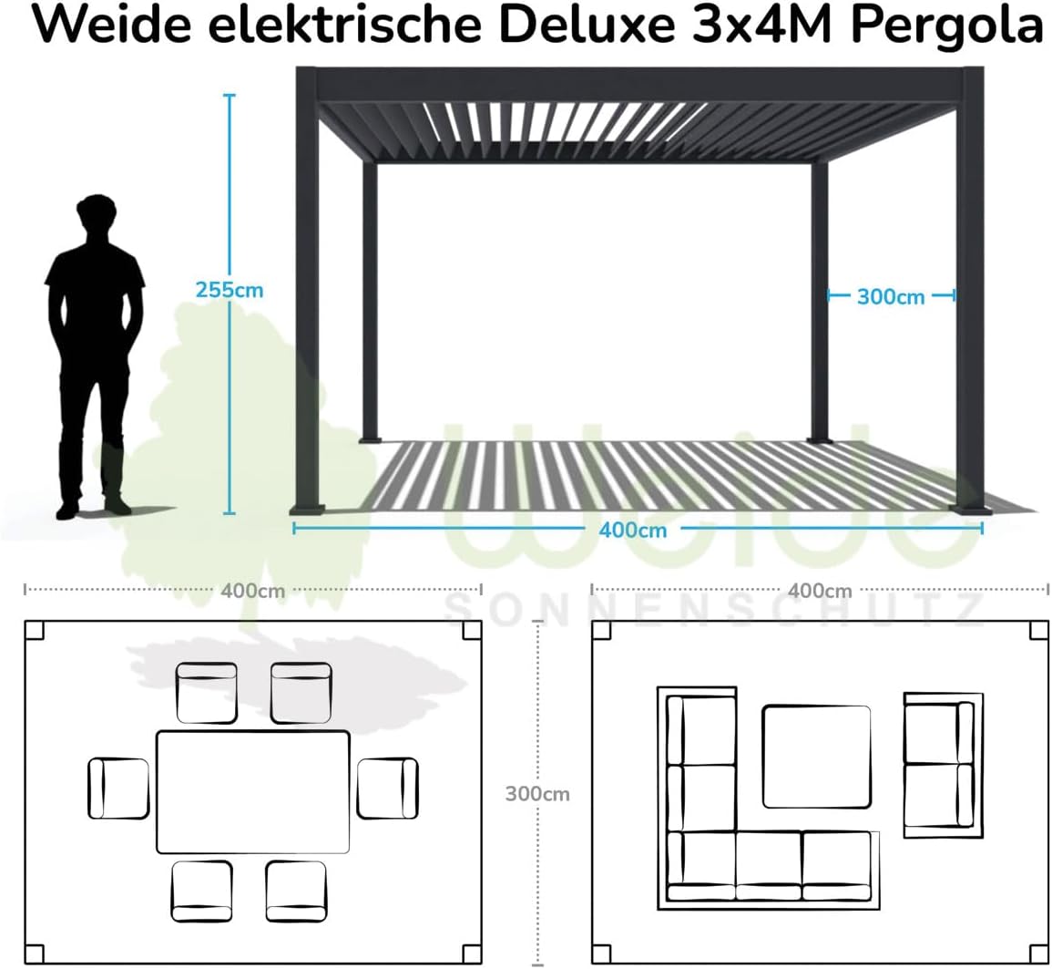 Pavillon Pergola 3x4m Terassenüberdachung freistehend mit Lamellendach elektr. verstellbar Gartenpavillon mit LED Hardtop wasserdicht stabil Winterfest Aluminium Weide Deluxe Fernbedienung Weiß