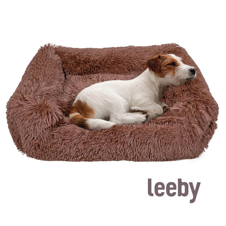 Cama Leeby macia antiestresse em pele marrom para cães