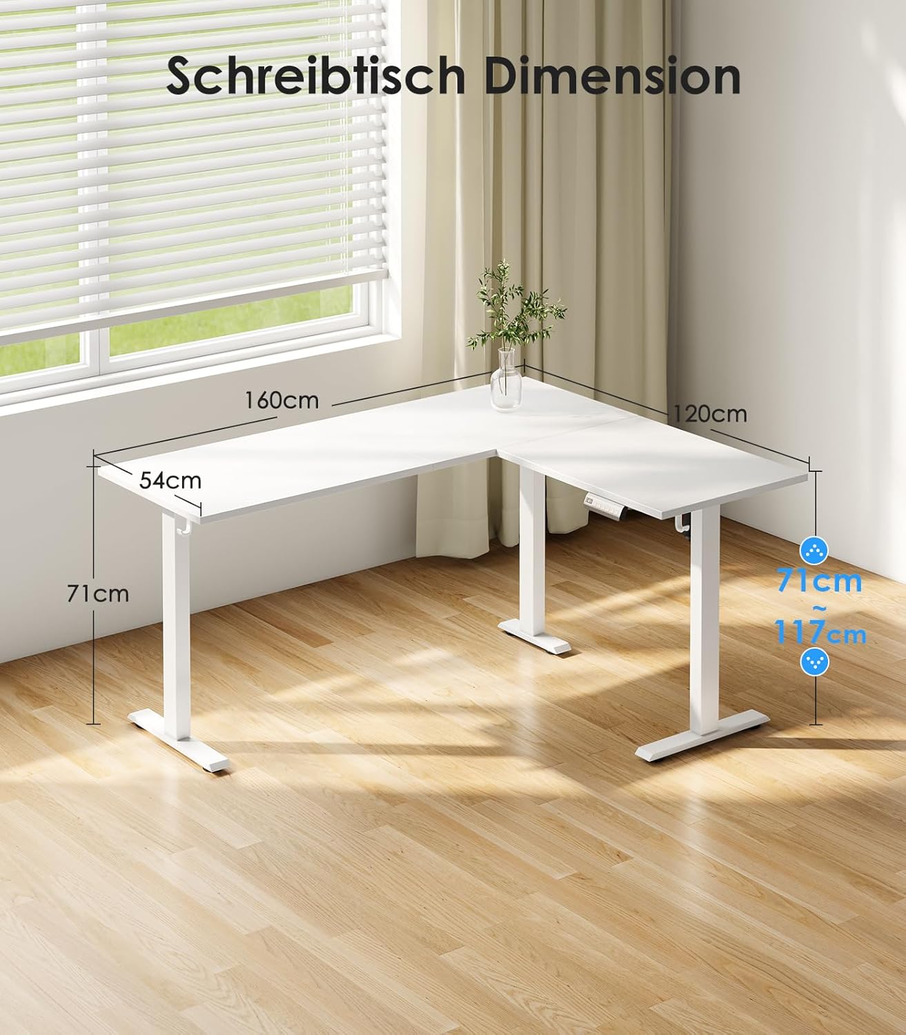 OffiGo L-förmig Höhenverstellbarer Schreibtisch, 160 x 120 cm Schreibtisch Höhenverstellbar Elektrisch, Eckschreibtisch Ergonomischer Steh-Sitz Tisch Computertisch, Weiß