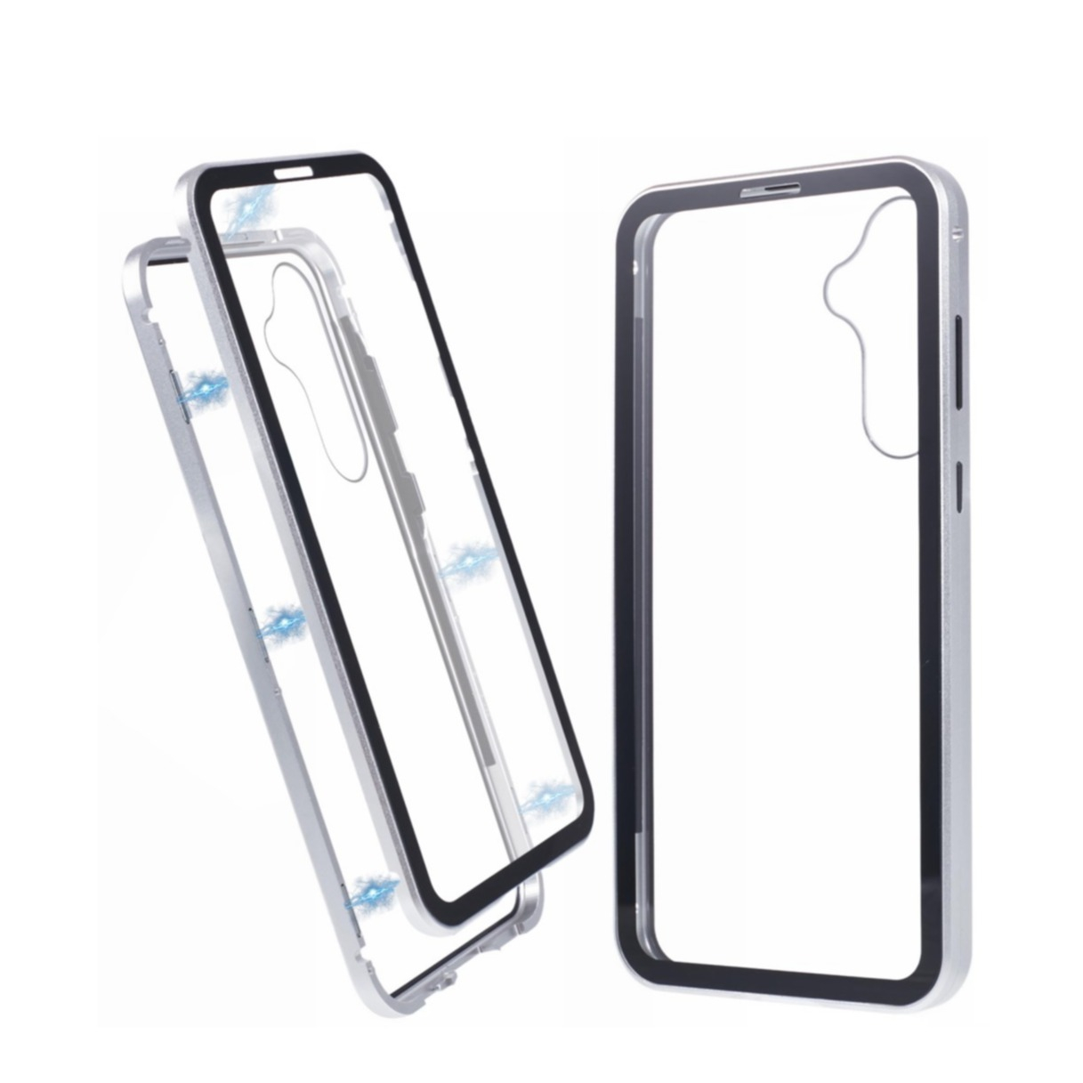 Samsung Galaxy A55 Magnetische Alu Schutzhülle mit Panzer Glas Backcover   Displayschutz (Magnet-Technologie) - Silber