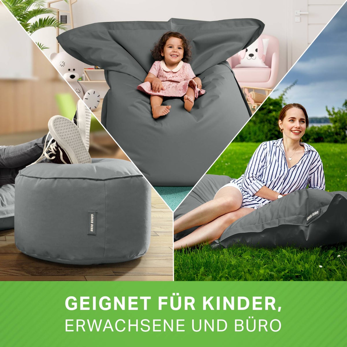 Green Bean 2-delige set XXL zitzak inclusief poef, voorgevuld met EPS-korrels - reuzenzitzak 140x180 lounge zitkussen zitzak - grijs