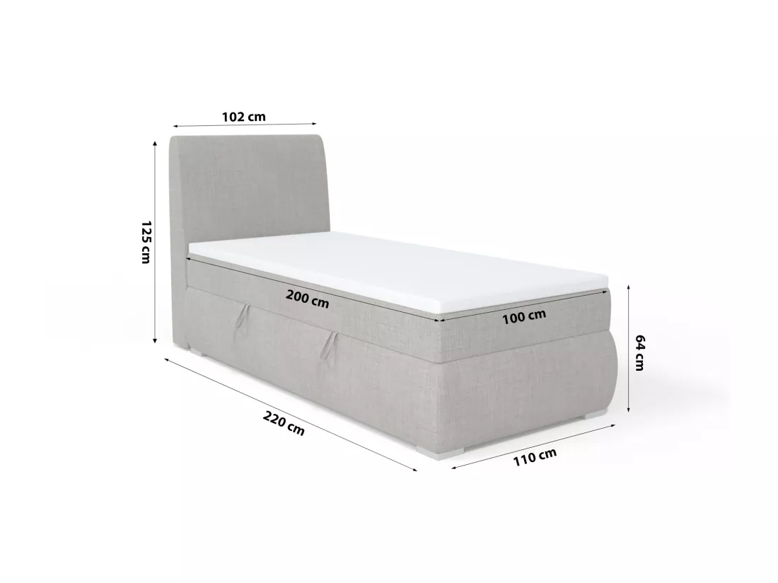 LIT BOXSPRING avec coffre de rangement Buffalo Mini côté gauche 100x200 cm, Lux 06 (Gris)