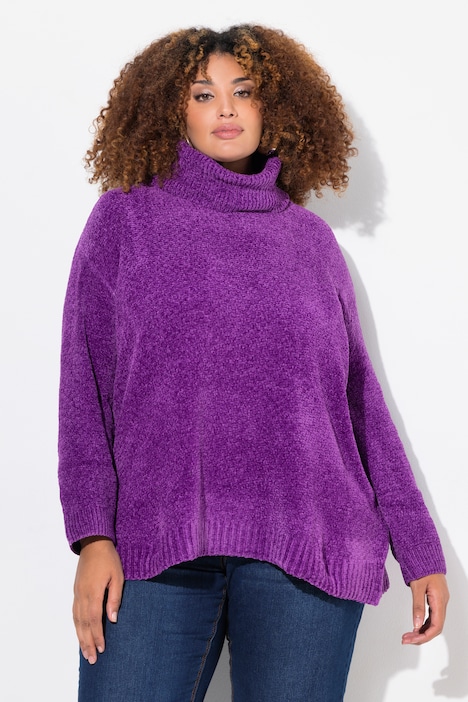 Chenille-Pullover, Oversized, Stehkragen, Langarm