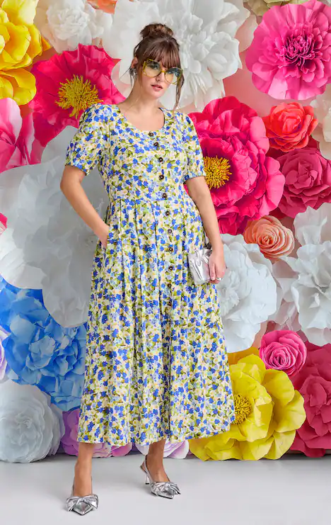 Leinenmix-Maxikleid, Rundhals, Halbarm, Taschen, sonnengelb