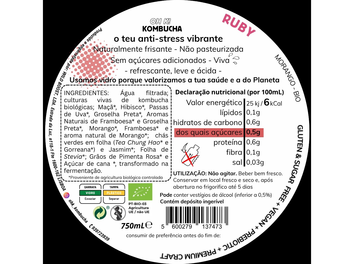 KOMBUCHA BIO OH K! RUBY (MORANGO) 750 ML