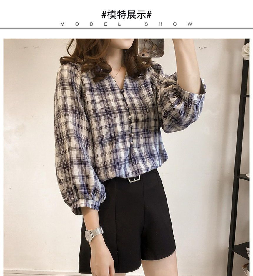 Frigga - Geruite blouse met 3/4 mouwen