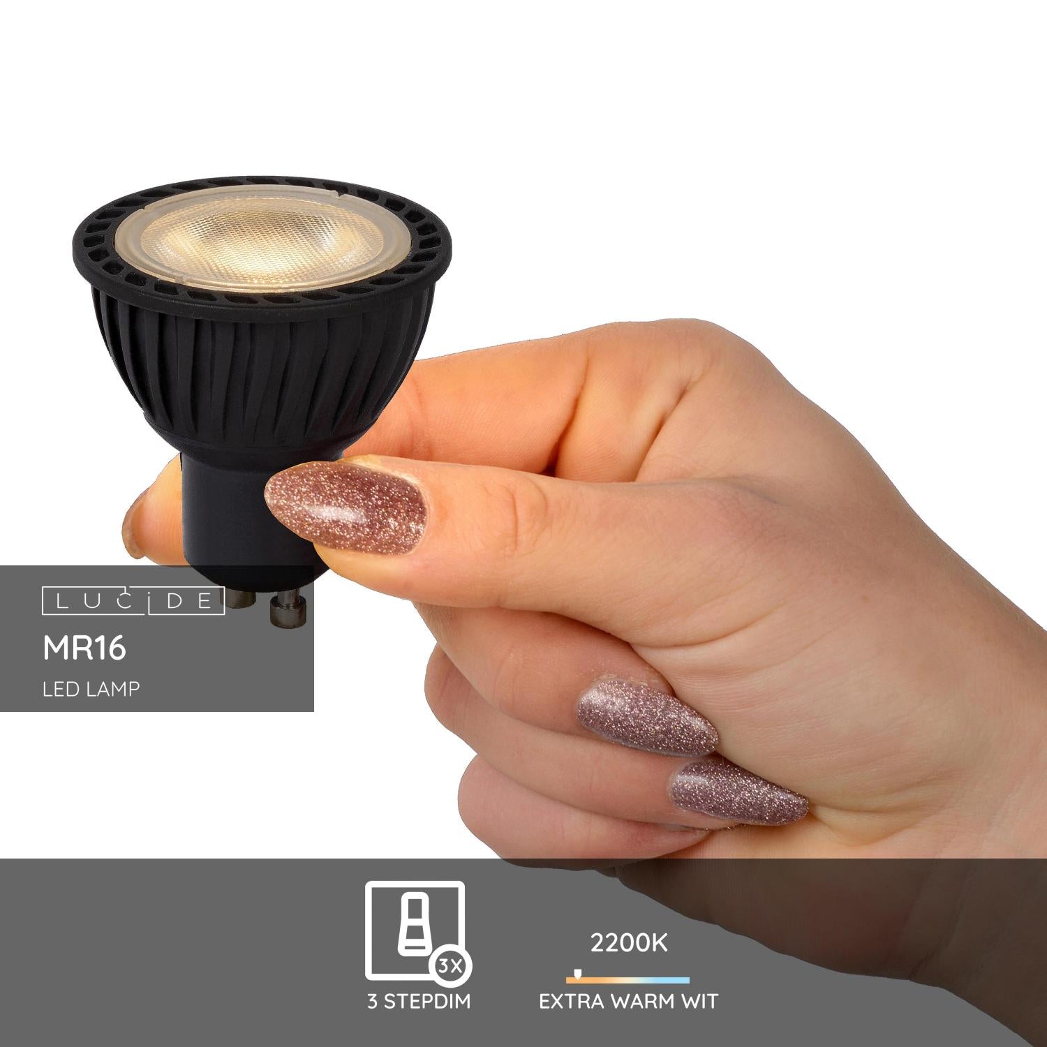 MR16 LED lichtbron GU10 5W 2200K zwart dimbaar 3-step