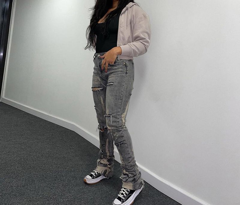 Kobeque - High Rise Splatter Print Distressed Straight Leg Jeans