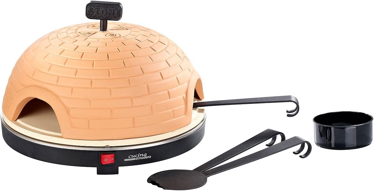 Pizzadom: Premium Pizzaofen mit Terrakotta-Haube, Schamottstein-Platte, Ø 40 cm (Tisch Pizzaofen mit Stein, 8 Personen, Grillplatten)