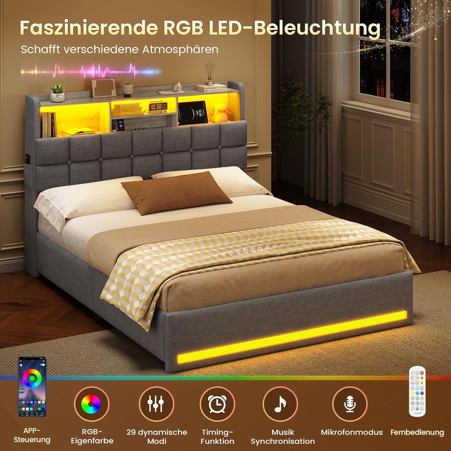 Polsterbett 140×200cm Hydraulisches Stauraumbett mit LED-Bleuchtung Jugendbett mit USB- und Type-C-Anschlüsse Doppelbett Bettgestell mit Holzlatten, Leinenstoff, ohne Matratze (Dunkelgrau, 140x200cm)