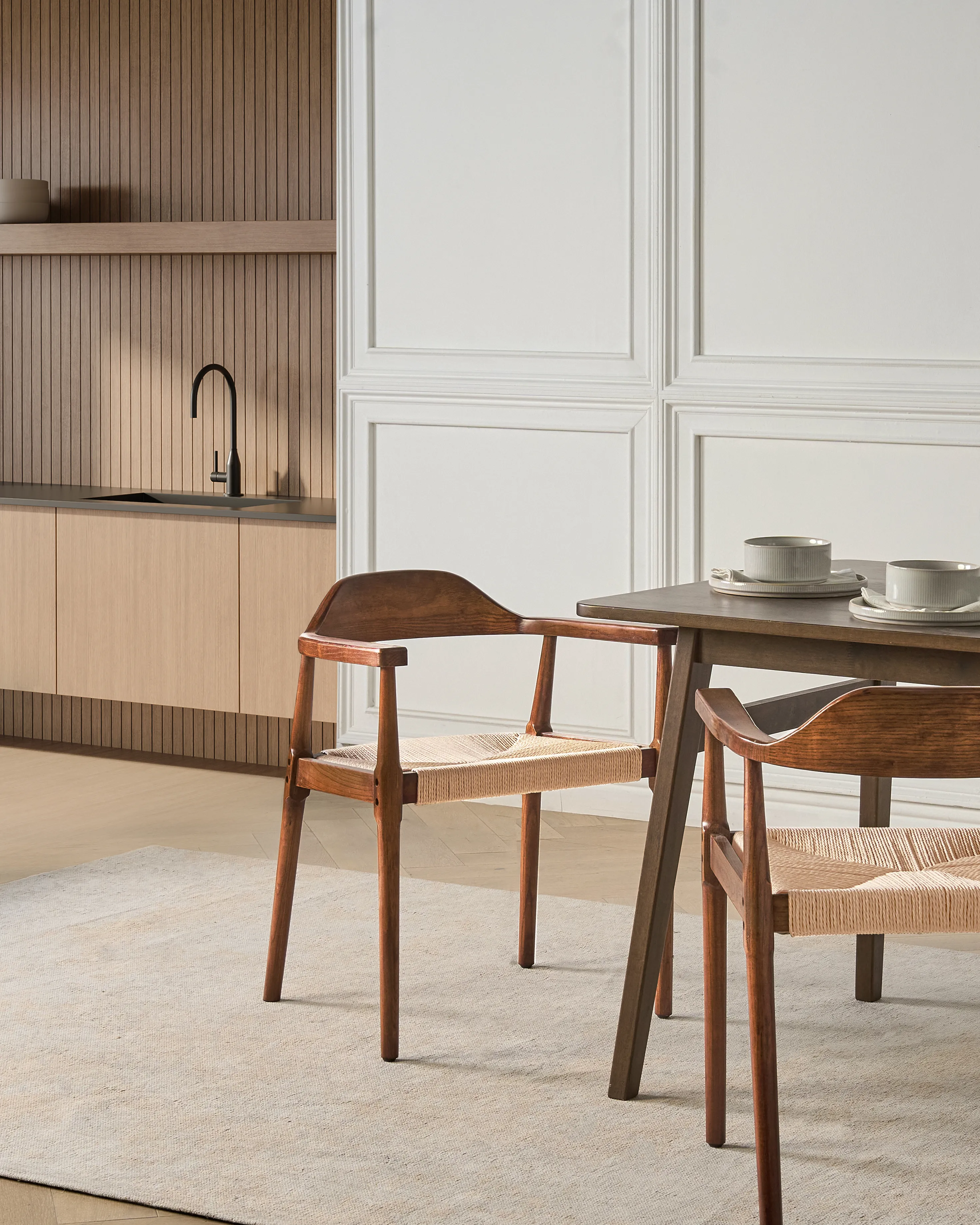 Set van 2 eetkamerstoelen OAKDALE Hout Donkerbruin/beige