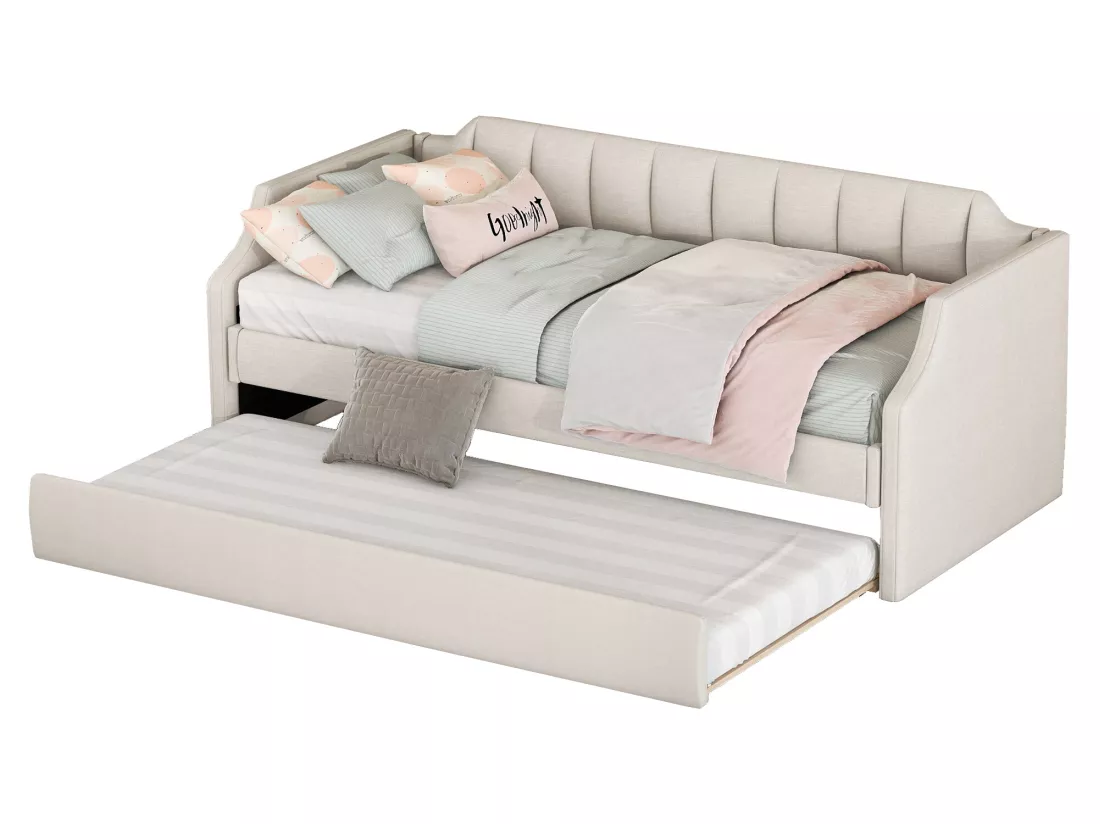 Lit gigogne 90x190/200cm en tissu de lin - avec sommier à lattes - Beige