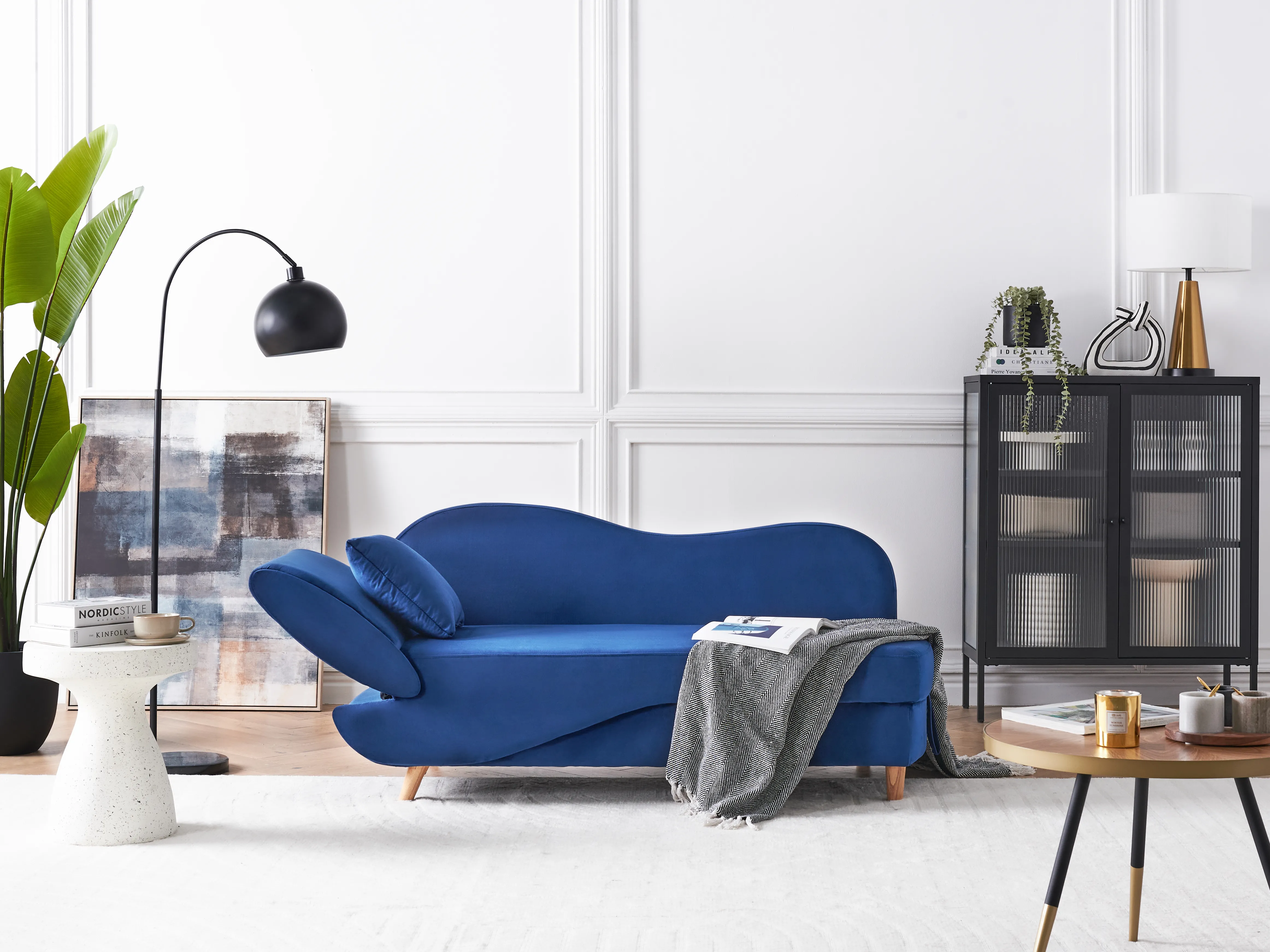 Linkszijdige chaise longue MERI Fluweel Marineblauw met opbergruimte