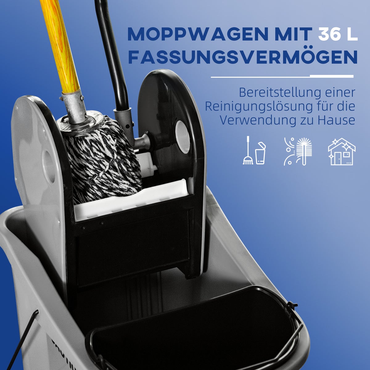 HOMCOM Schoonmaakwagen 36 liter, emmer met wielen, schoonmaak-emmer en dweilwagen met wringmechanisme, grijs, 54 x 41 x 91,5 cm