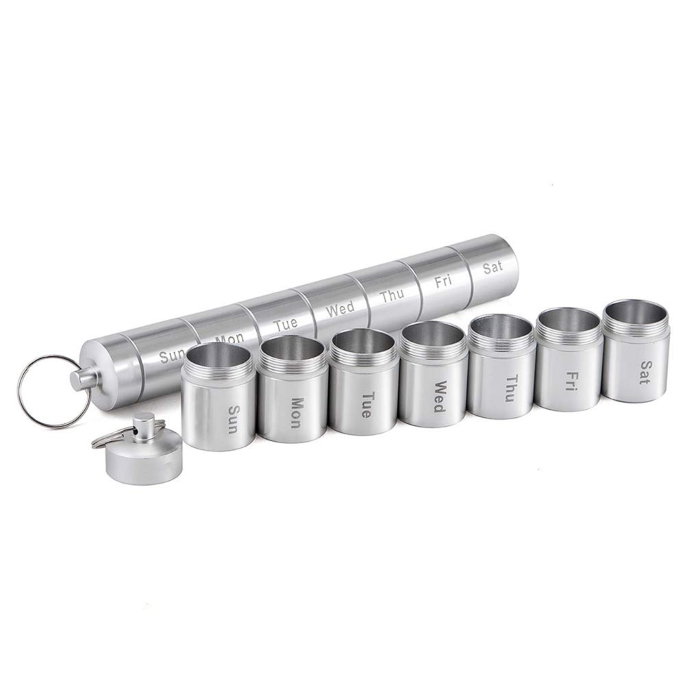 (180x25mm) Metall Medikamenten Dosierer 7 Tage Dosett Tablettenbox Supplements Pillendose Schlüsselanhänger -  Silber