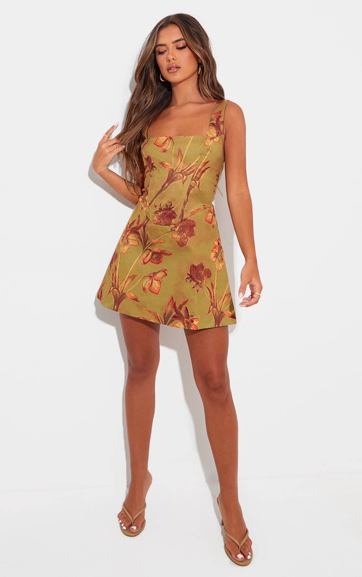 Vert Robe Trapèze Corsetée À Imprimé Floral