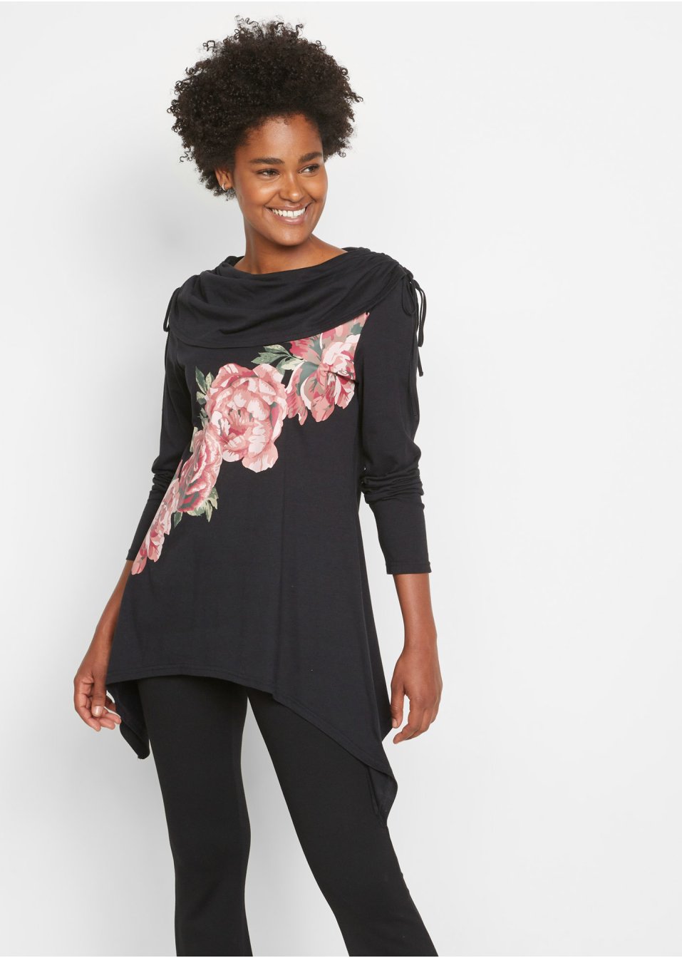 T-shirt avec base à pans et imprimé roses