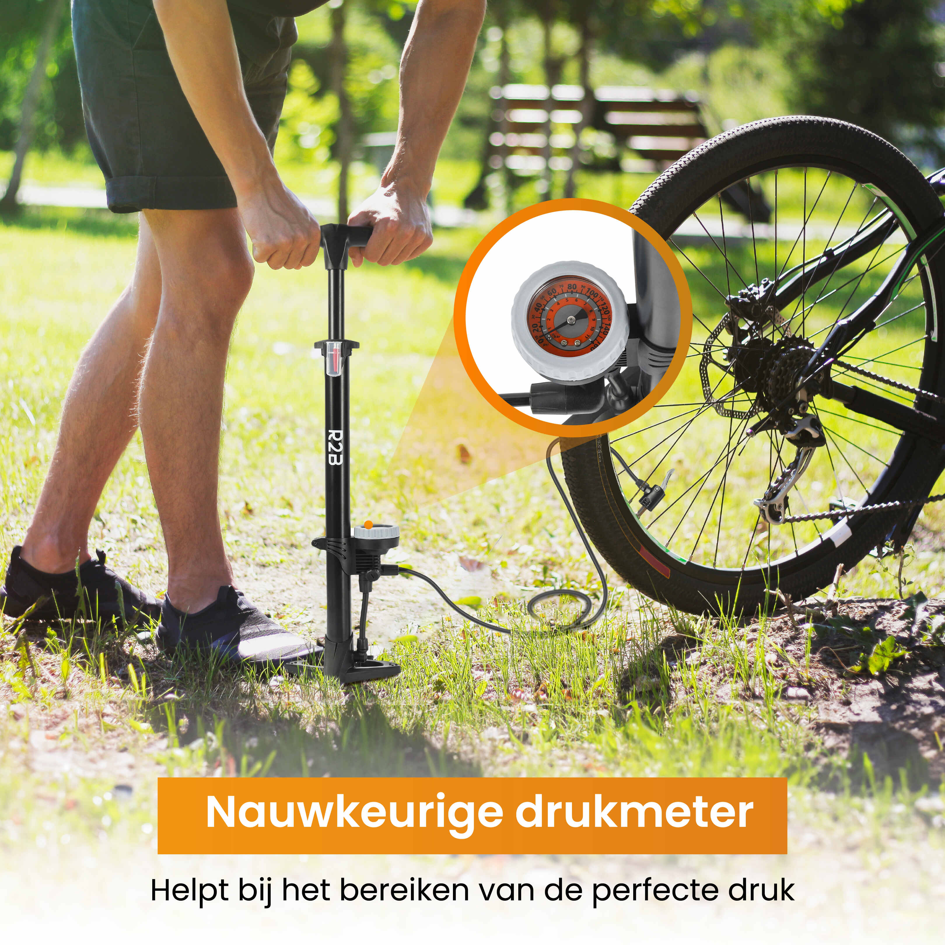 R2B fietspomp met drukmeter - dubbele ventielkop
