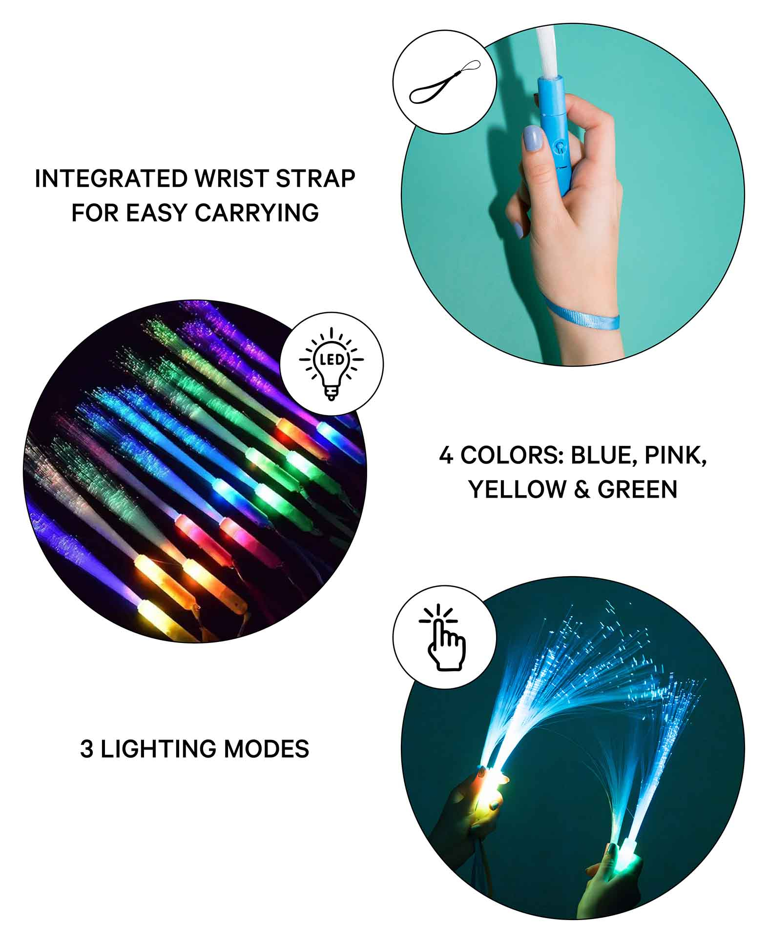 (12er Set) Let's celebrate Blinkender LED Glasfaser Leuchtstab Party Glow Wedel mit Farbwechsel 3 Modi (inkl. LR41 Batterien) - Bunt