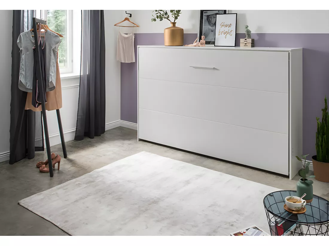 Lit escamotable horizontal coloris blanc - L. 212 x H. 154 x P. 43-167 cm