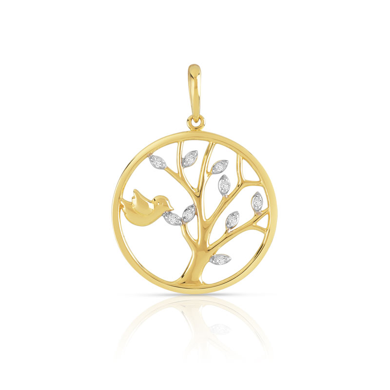 Pendentif or 375 2 tons oiseau et arbre diamants