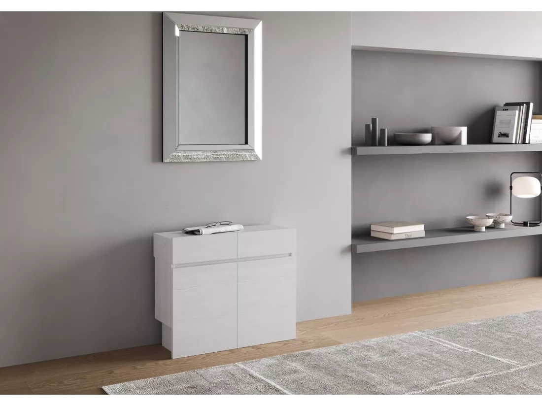 Console extensible 90x42/302 cm Evolve Frêne Blanc rallonges internes avec bancs inférieur et supérieur