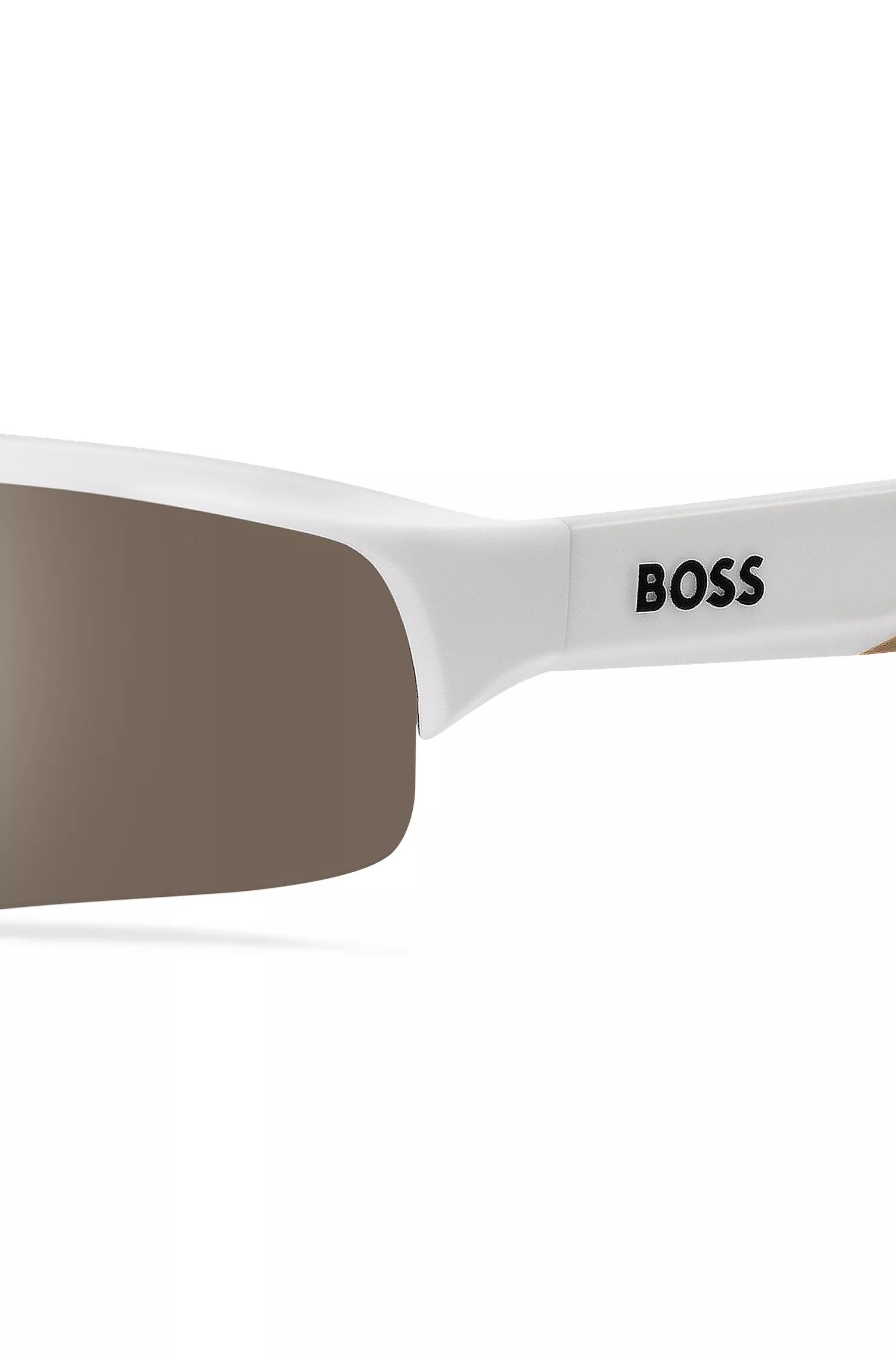 Óculos de sol BOSS estilo Black Mask com lentes contrastantes.