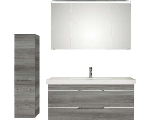 Pelipal Sunline 108 badkamermeubelset, BxHxD 153 x 200 x 50,8 cm, grafiet getextureerde fronten, 4-delige badkamermeubelset met wastafel en badmeubel van wit mineraalmarmer, spiegelkast met LED-verlichting, wandkast