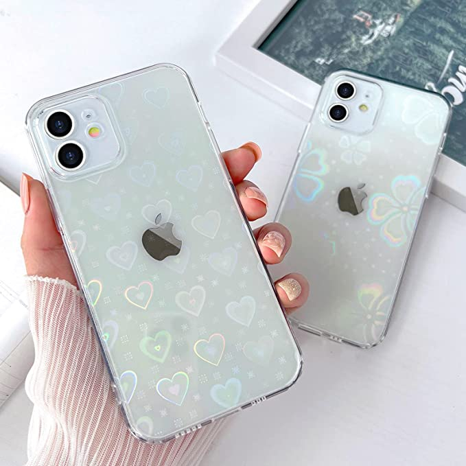 iPhone 12 Hybrid Hülle TPU Bumper   Laser Hologramm Glitzer Herze - Transparent